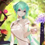  1girl alternate_costume alternate_hairstyle blue_eyes blue_hair breasts china_dress chinese_clothes cleavage cleavage_cutout dress erotipop flower hatsune_miku long_hair looking_to_the_side medium_breasts parted_lips shaohua_hatsune_miku solo very_long_hair vocaloid 