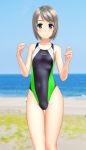  1girl absurdres beach black_swimsuit blue_eyes blurry clothes_removed competition_swimsuit covered_navel cowboy_shot depth_of_field flat_chest grey_hair highres horizon looking_at_viewer multicolored multicolored_clothes multicolored_swimsuit ocean one-piece_swimsuit original short_hair solo standing swimsuit takafumi thigh_gap 