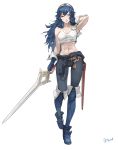  1girl abs arm_up armpits bangs belt blue_eyes blue_footwear blue_gloves blue_hair brown_belt closed_mouth crop_top falchion_(fire_emblem) fingerless_gloves fire_emblem fire_emblem_awakening full_body gloves highres holding holding_sword holding_weapon long_hair lucina_(fire_emblem) navel one_eye_closed ozkh6 pink_lips sheath signature smile standing stomach sword tiara tied_sweater towel weapon white_background white_towel wrist_cuffs 
