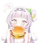  +_+ 1girl alternate_costume blush breasts cleavage cocozasa commentary_request food hair_bun hair_ornament hamburger heart holding holding_food hololive long_hair murasaki_shion open_mouth silver_hair simple_background solo spoken_heart virtual_youtuber yellow_eyes 