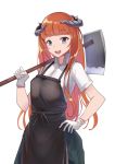  1girl :d alternate_costume apron arknights bagpipe_(arknights) bangs black_apron commentary_request cowboy_shot eyebrows_visible_through_hair gloves grey_eyes hand_on_hip hand_up hoe holding horns long_hair looking_at_viewer open_mouth orange_hair shirt simple_background smile solo standing very_long_hair white_background white_gloves white_shirt wing_collar yuzuruka_(bougainvillea) 