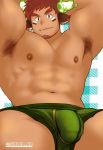  1boy animal_ears armpit_hair bangs bara blush boxers brown_hair bulge chest cow_ears cowboy_shot facial_hair forked_eyebrows glowing_horns goatee highres horns male_focus male_underwear manly muscle native_american navel nipples shibao short_hair sideburns solo thick_eyebrows thick_thighs thighs tokyo_houkago_summoners underwear wakan_tanka 