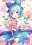  1girl :d ahoge bangs blue_dress blue_eyes blue_flower blue_hair blue_rose blue_wings blurry blurry_background blush bouquet bow cirno commentary_request confetti depth_of_field detached_wings dress eyebrows_visible_through_hair flower frilled_dress frills hair_bow head_tilt holding holding_bouquet ice ice_wings looking_at_viewer open_mouth pink_flower pink_rose pjrmhm_coa puffy_short_sleeves puffy_sleeves purple_flower purple_rose red_bow rose short_sleeves sleeveless sleeveless_dress smile solo touhou white_bow wings yellow_flower yellow_rose 
