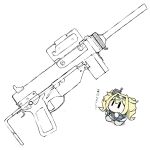  1girl belt blonde_hair blue_shirt chibi collared_shirt commentary_request gambier_bay_(kancolle) grey_footwear gun hairband headgear kantai_collection long_hair m3_submachine_gun no_mouth shirt shoes simple_background solo submachine_gun task_(s_task80) translated twintails weapon white_background |_| 