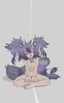  1girl :q animal_ears barefoot big_hair blue_eyes blue_hair bone_necklace breast_squeeze breasts cerberus_(kemono_friends) collar completely_nude dog_ears female_pubic_hair full_body hair_between_eyes highres kemono_friends looking_to_the_side medium_breasts multicolored_hair nipples nude pubic_hair purple_hair scar scar_across_eye scar_on_face shade sitting solo spiked_collar spikes tail toes tongue tongue_out torento two_side_up v_arms 
