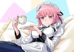  1girl breasts closed_mouth couch cup eyebrows_visible_through_hair girls_frontline hair_ribbon hairband highres holding holding_cup long_hair looking_at_viewer maid maid_dress maid_headdress ntw-20_(girls_frontline) pink_eyes pink_hair ribbon rivet_vvrn simple_background sitting smile solo teacup 