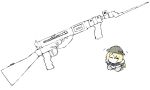  1girl ^_^ bayonet black_neckerchief blonde_hair blue_jacket chibi closed_eyes commentary_request dress grey_footwear gun jacket jervis_(kancolle) kantai_collection knife long_hair neckerchief no_mouth sailor_dress shoes simple_background solo sten_gun submachine_gun task_(s_task80) weapon weapon_focus white_background white_dress 