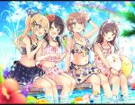  4girls :d ;d absurdres ahoge arm_up bangs bare_arms bare_legs bare_shoulders bendy_straw bikini black_skirt blonde_hair blue_ribbon blue_sky blush breasts brown_eyes brown_flower brown_hair cleavage closed_mouth cloud cloudy_sky commentary_request cup day dress drink drinking_glass drinking_straw eyebrows_visible_through_hair floral_print flower hair_flower hair_ornament hair_ribbon half-closed_eye high_ponytail highres holding holding_cup ice ice_cube innertube letterboxed medium_breasts multiple_girls one_eye_closed open_mouth original outdoors plaid pleated_skirt polka_dot polka_dot_ribbon ponytail print_bikini rainbow red_flower ribbon sakura_oriko short_hair sitting sketch skirt sky smile soaking_feet striped striped_ribbon swimsuit uneven_eyes water white_bikini white_dress white_flower 