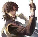  1boy between_fingers brown_eyes brown_hair closed_mouth cross cross_necklace evil_smile fate/stay_night fate_(series) gloves jewelry kotomine_kirei looking_at_viewer male_focus necklace nijihayashi shaded_face simple_background smile solo sword upper_body weapon white_background white_gloves 