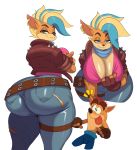  2020 absurd_res activision anthro bandicoot belt big_breasts big_butt blush bottomwear breasts butt clothing crash_bandicoot crash_bandicoot_(series) duo ear_piercing female hi_res huge_breasts huge_butt jeans male mammal marsupial pants piercing pirate_tawna punk sssonic2 tawna_bandicoot tongue tongue_out torn_bottomwear torn_clothing video_games 
