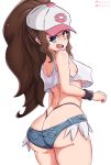  1girl absurdres ass baseball_cap blue_eyes breasts brown_hair crop_top from_behind hat highres hilda_(pokemon) looking_at_viewer looking_back open_mouth pokemon pokemon_(game) pokemon_bw ponytail short_shorts shorts sideboob smile solo thong underboob 