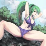  1girl alternate_costume alternate_hairstyle armpits arms_behind_head arms_up bikini black_hairband blue_bikini breasts cameltoe cleavage cloud collarbone come_hither commentary day front-tie_bikini front-tie_top green_eyes green_hair hair_ornament hairband half-closed_eyes kochiya_sanae large_breasts long_hair looking_at_viewer looking_to_the_side m_legs nature naughty_face navel outdoors ponytail profile sitting snake_hair_ornament solo spread_legs sunyup swimsuit thick_thighs thighs toned tongue tongue_out touhou 