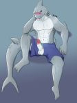  abs absurd_res anthro balls blush bottomwear clothed clothing erection fish genitals hand_on_face hi_res male marine muscular muscular_anthro muscular_male penis risky shark shorts sitting solo topless 