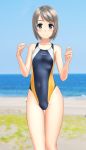  1girl absurdres beach blue_eyes blue_swimsuit blurry clothes_removed commentary_request competition_swimsuit covered_navel cowboy_shot depth_of_field flat_chest grey_hair highres horizon looking_at_viewer multicolored multicolored_clothes multicolored_swimsuit ocean one-piece_swimsuit original short_hair solo standing swimsuit takafumi thigh_gap 
