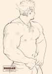  1boy animal_ears bangs bara brown_hair bulge chest cow_ears facial_hair forked_eyebrows glowing_horns goatee horns male_focus manly muscle navel nipples shibao shirtless short_hair sideburns sketch solo sportswear thick_eyebrows tokyo_houkago_summoners wakan_tanka 