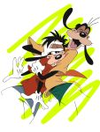  3:4 abstract_background anthro canid canine canis clothing disney domestic_dog father father_and_child father_and_son gloves goof_troop goofy_(disney) handwear hi_res hug kappei_yamaguchi male mammal max_goof parent parent_and_child shirt smile son t-shirt topwear 