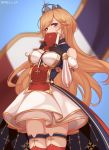  1girl artist_name azur_lane bangs bare_shoulders between_breasts black_gloves blonde_hair blue_legwear blurry blurry_background blush book breasts clothing_request commentary_request covering_mouth cross cross_print depth_of_field detached_sleeves dress eyebrows_visible_through_hair flag french_flag gloves hands_up highres holding holding_book juliet_sleeves large_breasts long_hair long_sleeves looking_at_viewer multicolored multicolored_clothes multicolored_legwear puffy_sleeves red_legwear richelieu_(azur_lane) shellvi skindentation sleeves solo striped striped_sleeves thighhighs white_legwear zettai_ryouiki 