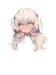  1girl absurdres bandaged_neck bangs blue_nails closed_mouth disembodied_limb dokomon eyebrows_visible_through_hair girls_frontline grey_eyes grey_hair hair_between_eyes hair_ornament hands_up head highres long_hair looking_at_viewer nail_polish ribeyrolles_1918_(girls_frontline) simple_background smile solo thick_eyebrows white_background 