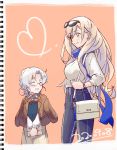  2girls absurdres bag blonde_hair blue_eyes blue_scarf brown_jacket closed_eyes commentary_request cowboy_shot dated eyewear_on_head glasses grey_hair hair_between_eyes high-waist_pants high_heels highres hirato_(kantai_collection) jacket jacket_on_shoulders kantai_collection long_hair mole mole_under_eye mole_under_mouth multiple_girls orange_background pants parted_lips richelieu_(kantai_collection) sadakuma scarf shirt short_hair shoulder_bag skirt sunglasses watch wavy_hair white_shirt white_skirt wristwatch 