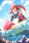 1girl :d black_ribbon blue_sky breasts commentary_request coral day fins fish_girl hair_ornament happy highres innertube jewelry kandori_makoto long_hair looking_at_viewer mipha monster_girl multicolored multicolored_skin no_eyebrows open_mouth outdoors pointy_ears red_hair red_skin ribbon sitting sky smile soaking_feet solo teeth the_legend_of_zelda the_legend_of_zelda:_breath_of_the_wild water yellow_eyes zora 