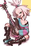  1girl bass_guitar blublush2 blue_eyes boots dress dress_slip forehead freckles guitar hair_bobbles hair_ornament highres instrument looking_at_viewer oversized_clothes pokemon pokemon_(game) pokemon_bw2 roxie_(pokemon) solo strapless strapless_dress tongue tongue_out topknot white_hair 