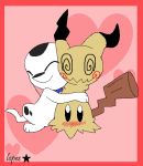  &lt;3 101_dalmatians ambiguous_gender border cadpig canid canine canis dalmatian disney domestic_dog duo eyes_closed female female/ambiguous feral hug lopez765 low_res mammal mimikyu nintendo pok&eacute;mon pok&eacute;mon_(species) red_border smile video_games 