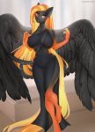  2020 5_fingers anthro black_body black_feathers clothed clothing digital_media_(artwork) equid equine eyebrows eyelashes feathered_wings feathers female fingers hair hi_res looking_at_viewer mammal margony orange_hair pegasus smile solo wings 