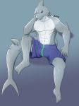  abs absurd_res anthro bottomwear clothed clothing fish hand_on_face hi_res male marine muscular muscular_anthro muscular_male risky shark shorts sitting solo topless 
