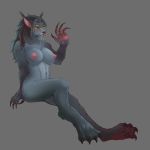  1:1 anthro areola black_nose blizzard_entertainment breasts canid ear_tuft female finger_claws fur fur_tuft grey_background grey_body grey_breasts grey_fur looking_at_viewer mammal menhou navel nipples nude pink_areola pink_inner_ear pink_nipples pink_tongue puffy_areola simple_background solo teeth tongue tuft video_games warcraft were werecanid worgen yellow_eyes 