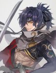  1boy black_bow black_hair bow closed_mouth fate/grand_order fate_(series) grey_background grey_scarf hair_bow headband looking_at_viewer male_focus nijihayashi okada_izou_(fate) ponytail scarf simple_background solo sword upper_body weapon yellow_eyes 