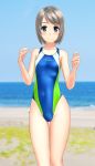  1girl absurdres beach blue_eyes blue_swimsuit blurry clothes_removed competition_swimsuit covered_navel cowboy_shot depth_of_field flat_chest grey_hair highres horizon looking_at_viewer multicolored multicolored_clothes multicolored_swimsuit ocean one-piece_swimsuit original short_hair solo standing swimsuit takafumi thigh_gap 
