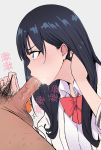  1boy 1girl black_hair blush bow bowtie fellatio h2o_(ddks2923) hetero highres long_hair male_pubic_hair oral penis pubic_hair pubic_hair_pull school_uniform ssss.gridman sweat takarada_rikka testicles 