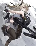  1girl alternate_costume alternate_hairstyle antlers arknights arrow_(projectile) bangs bare_arms bare_shoulders black_footwear black_gloves black_legwear bow_(weapon) commentary_request crossbow dress firewatch_(arknights) gloves grey_dress grey_eyes grey_hair hair_down highres holding holding_bow_(weapon) holding_weapon long_hair mouth_hold quiver raw_egg_lent shoes short_dress solo thighhighs weapon 