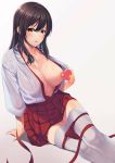  1girl akagi_(kantai_collection) amagimei blush breasts breasts_outside brown_eyes brown_hair censored eyebrows_visible_through_hair hand_on_floor highres japanese_clothes kantai_collection large_breasts long_hair looking_at_viewer open_mouth red_skirt sitting sitting_on_floor skirt solo sweat thighhighs thighs white_background white_legwear 