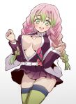  1girl bangs blunt_bangs blush breasts breasts_apart center_opening green_eyes green_hair groin highres kanroji_mitsuri kimetsu_no_yaiba large_breasts long_sleeves multicolored_hair no_bra open_clothes open_mouth pink_hair simple_background skirt smile solo sword thighhighs tori_(minamopa) twintails two-tone_hair unbuttoned unbuttoned_shirt weapon white_background wind wind_lift 