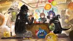  alchemaniac amiya_(arknights) animal_ears aqua_eyes arknights blue_hair brown_hair bunny_ears ch&#039;en_(arknights) doctor_(arknights) gloves green_eyes horns kal&#039;tsit_(arknights) logo long_hair short_hair tail white_hair 