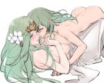  2girls ass blush breast_press breasts byleth_(fire_emblem) byleth_(fire_emblem)_(female) chinese_commentary closed_eyes commentary_request facing_another fire_emblem fire_emblem:_three_houses flower green_eyes green_hair hair_flower hair_ornament highres kisetsu large_breasts licking long_hair lying multiple_girls nude on_back one_eye_closed parted_lips rhea_(fire_emblem) tongue tongue_out white_background white_flower yuri 