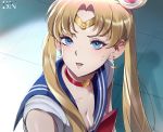  1girl artist_name bangs bbuni bishoujo_senshi_sailor_moon blonde_hair blue_eyes blue_sailor_collar bow breasts choker circlet cleavage collarbone commentary_request crescent crescent_earrings earrings face hair_over_shoulder heart heart_choker highres jewelry long_hair looking_at_viewer parted_lips red_choker sailor_collar sailor_moon sailor_moon_redraw_challenge sailor_senshi_uniform solo sweatdrop tile_floor tiles tsukino_usagi twintails upper_body upper_teeth 