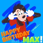  1:1 2019 abstract_background anthro birthday canid canine canis clothing disney domestic_dog english_text gloves goof_troop handwear hi_res kappei_yamaguchi male mammal max_goof shirt t-shirt text topwear 