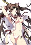  1girl arm_behind_head arm_up armpits bangs bare_shoulders bikini blush breasts brown_hair cleavage collarbone consort_yu_(fate) earrings eyewear_on_head fate/grand_order fate_(series) grey_eyes hair_ornament highres jewelry large_breasts long_hair looking_at_viewer multiple_earrings navel open_clothes open_mouth polearm robe simple_background spear sunglasses swimsuit twintails very_long_hair weapon white_background white_bikini yu_miaoyi_(swimsuit_lancer) zeroshiki_kouichi 