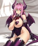  1girl :o aqua_eyes breastless_clothes breasts demon_girl demon_tail demon_wings elbow_gloves gloves heart heart_pasties highres horns houtengeki huge_breasts leotard long_hair looking_at_viewer on_bed original pasties pink_hair pointy_ears purple_gloves purple_horns purple_legwear purple_leotard purple_wings sitting sitting_on_bed tail wings 