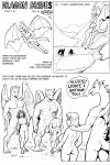  2:3 anthro balls big_breasts black_and_white breasts comic dragon english_text feathered_wings feathers female female_on_anthro genitals group horn human karno male mammal membrane_(anatomy) membranous_wings monochrome nipples nude penis size_difference text wings 