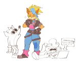  2020 activision anthro bandicoot belt clothing coco_bandicoot crash_bandicoot crash_bandicoot_(series) dreaminerryday eyes_closed female hair hand_on_chin humor jacket male mammal marsupial multicolored_hair pirate_tawna punk simple_background tawna_bandicoot topwear video_games white_background 