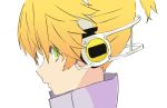  1boy blonde_hair d_futagosaikyou expressionless from_side green_eyes headphones high_collar kagamine_len kagamine_len_(append) looking_at_viewer male_focus portrait short_ponytail sideways_glance spiked_hair vocaloid vocaloid_(tda-type_ver) vocaloid_append white_background 