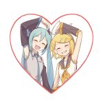  2girls aqua_hair aqua_neckwear arm_up bangs bare_shoulders black_collar black_sleeves blonde_hair bow closed_eyes collar commentary detached_sleeves facing_viewer grey_shirt grin hair_bow hair_ornament hairclip hands_up hatsune_miku headphones headset heart heart_arms_duo highres kagamine_rin long_hair m0ti multiple_girls necktie open_mouth sailor_collar shirt short_hair sleeveless sleeveless_shirt smile swept_bangs twintails upper_body very_long_hair vocaloid white_background white_bow white_shirt 