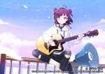  1girl ahoge album_cover azma_(mitch55) black_footwear black_pants cloud cover denim double_bun guitar hanayori_jyoshiryou instrument kohigashi_hitona megaphone music on_railing outdoors pants playing_instrument purple_eyes purple_hair short_hair sitting solo torn_clothes torn_pants virtual_youtuber watermark white_hoodie 