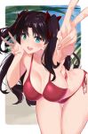  1girl bangs bare_shoulders bikini black_hair blue_eyes blush breasts cleavage collarbone double_v fate/stay_night fate_(series) highres large_breasts leaning_forward long_hair looking_at_viewer murio open_mouth red_bikini smile swimsuit thighs tohsaka_rin two_side_up v 