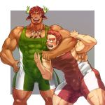  2boys abs animal_ears arm_around_neck bangs bara blush brown_hair bulge chest couple covered_abs cow_ears darlton embarrassed facial_hair feet_out_of_frame forked_eyebrows glowing_horns goatee gunzo_(tokyo_houkago_summoners) horns laughing male_focus manly multiple_boys muscle native_american nipple_slip nipples pectorals scar short_hair sideburns thick_eyebrows thick_thighs thighs tokyo_houkago_summoners wakan_tanka wrestling_outfit yaoi 