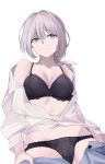  absurdres an-94_(girls_frontline) black_bra black_panties blue_eyes blue_pants bra breasts cleavage closed_mouth etoile girls_frontline highres large_breasts open_fly panties pants pants_pull platinum_blonde_hair shirt short_hair unbuttoned unbuttoned_shirt underwear undressing white_background white_shirt 