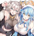  4girls :d absurdres ahoge animal_ears armpits bangs bare_shoulders beret black_jacket black_nails black_panties blonde_hair blue_hair blue_jacket blue_neckwear blush braid breast_press breasts chibi cleavage cleavage_cutout corset double_bun ear_clip elf fangs flower fox_ears fur_trim grey_eyes grey_hair hair_between_eyes hair_flower hair_ornament hat heart_ahoge highres hololive jacket jewelry kmsquid large_breasts lion_ears lion_girl long_hair looking_at_viewer midriff momosuzu_nene multiple_girls nail_polish navel necklace o_o off-shoulder_jacket omaru_polka open_mouth panties panty_straps pointy_ears shirt shishiro_botan skirt sleeveless sleeveless_shirt smile snowflake_print underwear v virtual_youtuber white_headwear yellow_eyes yukihana_lamy 